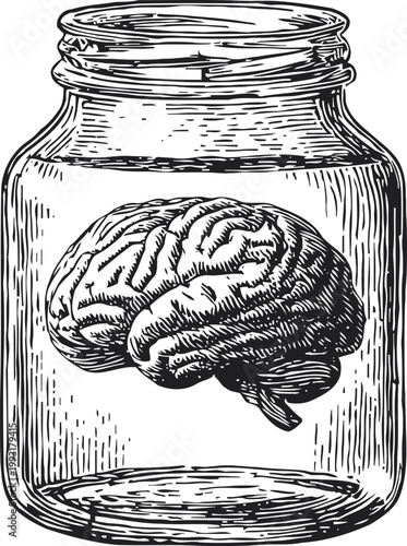 Illustration of a human brain preserved inside a glass jar, detailed vintage engraving