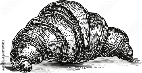 Hand drawn croissant illustration vintage baked pastry with flaky texture and curved shape, classic french snack design