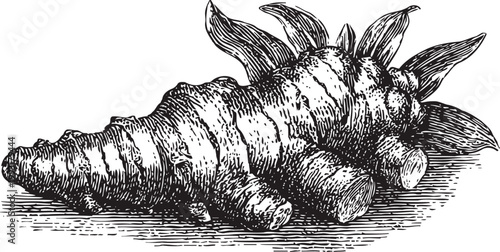 Vintage hand drawn galangal root illustration botanical drawing of exotic herb with detailed texture and leaves