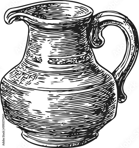 vintage clay pitcher with handle and spout hand drawn rustic jug for liquids or decoration