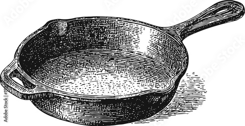 Cast iron skillet pan with handle, vintage kitchen cookware illustration, cooking utensil