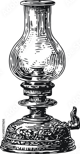 Vintage oil lamp illustration with glass chimney and metal base detailed engraving