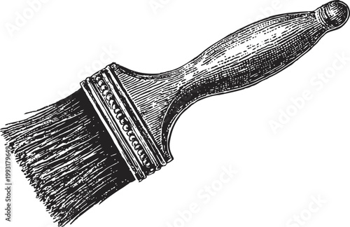 Vintage paintbrush illustration with wooden handle and natural bristles in black and white drawing