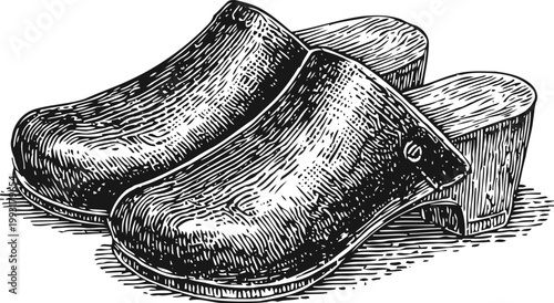 Classic wooden clogs pair with textured surface and raised heel, traditional footwear illustration
