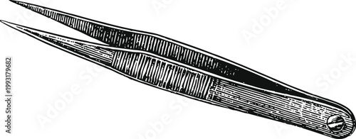 Vintage metal tweezers hand tool for precision gripping and plucking, detailed sketch illustration