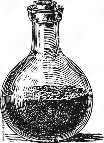 Vintage glass bottle with cork stopper filled halfway with liquid, detailed hand drawn