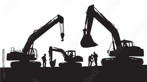 Excavator Construction Silhouette with Workers on Industrial Building Site for Infrastructure Development