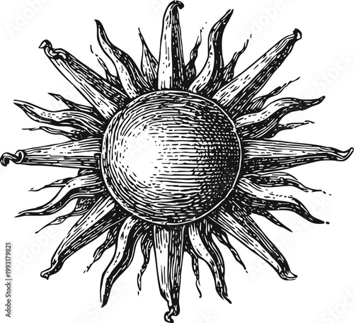 Vintage hand drawn sun illustration with detailed rays and textured center design