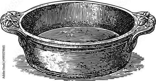 Vintage round cooking pot with decorative handles engraved illustration