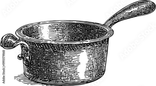 vintage metal saucepan with long handle, engraving illustration kitchen cookware utensil