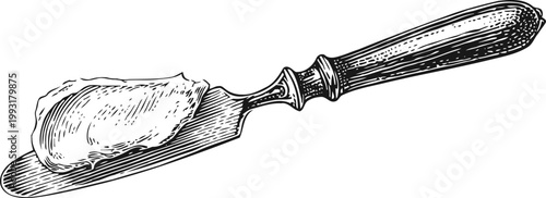 Vintage butter knife with spread of butter, hand drawn kitchen utensil illustration