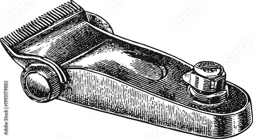 Vintage hair clipper blade close up illustration in black and white engraving
