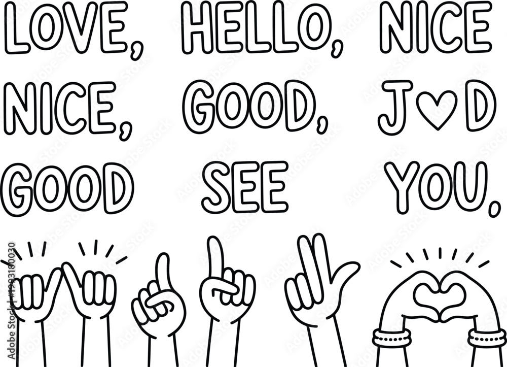 Obraz premium Hand Sign Language Gestures Representing Positive Words and Phrases Like Love Hello Nice Good See You