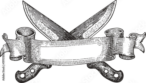 Vintage crossed butcher knives with blank ribbon banner engraving illustration