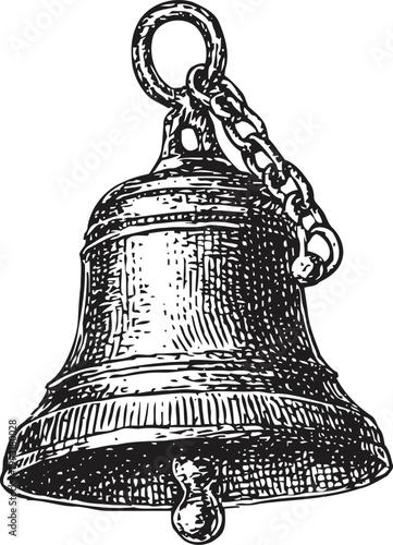 Vintage hand drawn bell with clapper and chain, antique metal school or ship bell illustration