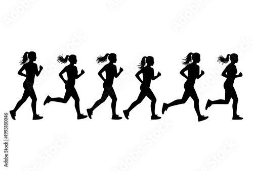 Female runner silhouette sequence showing running cycle phases athletic woman jogging fitness vector isolated on white