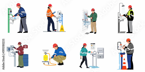 Industrial workers performing maintenance and inspection on various emergency eyewash and safety shower stations to ensure workplace safety compliance.
