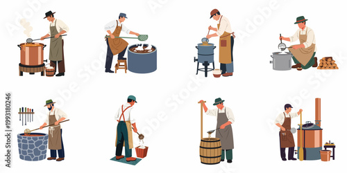 Collection of eight male characters in traditional aprons and hats performing artisanal tasks like brewing, distilling, and cooking in large metal vats.