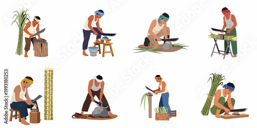 Collection of vector illustrations featuring Indian farmers and laborers sharpening machetes and processing sugarcane in traditional poses on a white background.