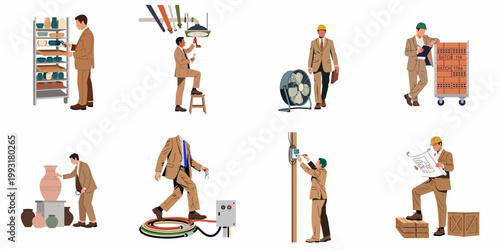 Set of illustrations featuring professional men in suits performing various industrial, technical, and manual tasks in a clean vector style.
