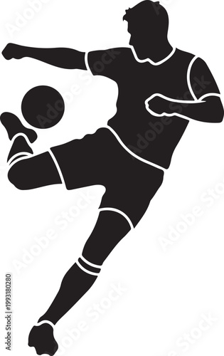 Dynamic soccer player executing a powerful kick with intense focus and determination during a game. silhouette vector icon