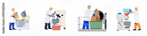 Industrial Bakery Workers Operating Large Mixers and Processing Ingredients in a Food Manufacturing Facility