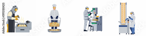 Flat illustration of industrial food production workers in protective gear operating commercial deep fryers and conveyor systems in a modern factory setting.