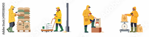 Agricultural workers in yellow raincoats scanning, transporting, and weighing sacks of grain and flour in a warehouse, vector illustration set.