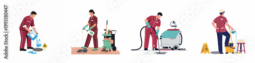 Professional cleaning service personnel performing floor maintenance tasks including chemical application, industrial scrubbing, and janitorial duties in various settings.