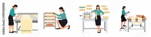 Quality control specialist testing dough thickness and temperature in a bakery production facility, flat vector illustration set.