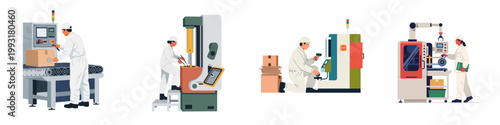 Industrial factory workers in white uniforms operating various machines and automated equipment in a modern manufacturing plant illustration set.