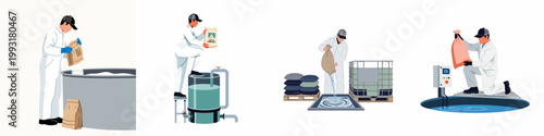 Set of illustrations depicting factory workers in white protective suits pouring chemicals and raw materials into industrial processing tanks for manufacturing.