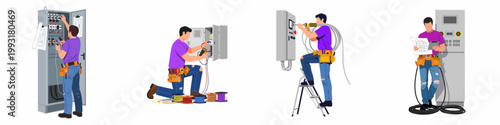 Flat vector illustrations of a professional electrician performing maintenance tasks, wiring control panels, testing with multimeter, and reading technical blueprints in various work scenarios.
