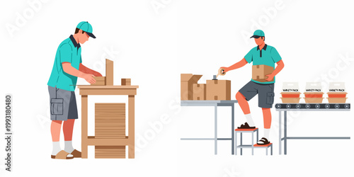 Illustration of delivery workers in turquoise uniforms packing and taping cardboard boxes on production tables, representing logistics, warehouse operations, and e-commerce fulfillment.