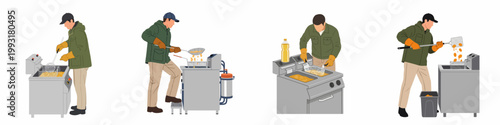 Illustration set of a male worker operating a commercial deep fryer, showing various stages of the food preparation process in a professional kitchen.