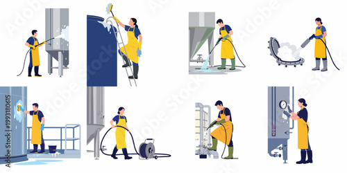Set of industrial cleaning characters performing various sanitation tasks on factory equipment, including pressure washing, scrubbing, and steam cleaning metal tanks.
