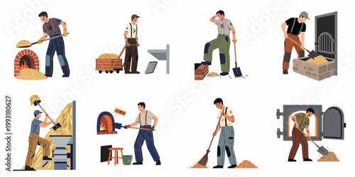 Illustrations of male workers performing various manual labor tasks including shoveling fuel into furnaces, cleaning industrial workspaces, and operating heavy machinery.