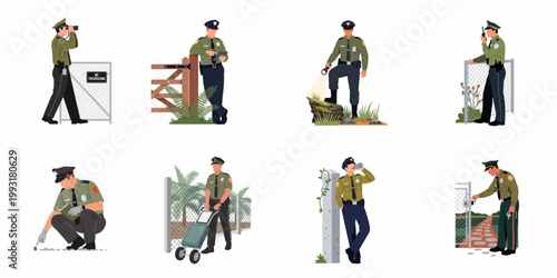 Vector illustration set of security guards and border patrol agents performing various surveillance, monitoring, and security tasks in different outdoor environments.