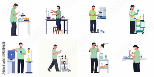 Flat vector illustrations of male and female scientists conducting food quality tests and chemical research in a professional laboratory setting.