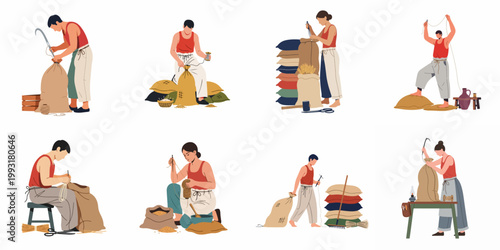 Collection of flat vector illustrations depicting people working with grain sacks, sewing, tying, and handling harvest materials on a white background.