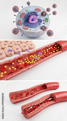 Cholesterol plaque buildup in human artery 3D illustration