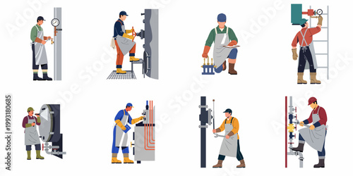 Flat Vector Illustration Set of Industrial Workers Performing Maintenance, Repairs, and Inspections on Factory Machinery, Pipes, and Valves