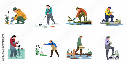 Set of environmental scientists and researchers performing water quality tests, collecting samples, and monitoring ecosystems in wetland and river environments.