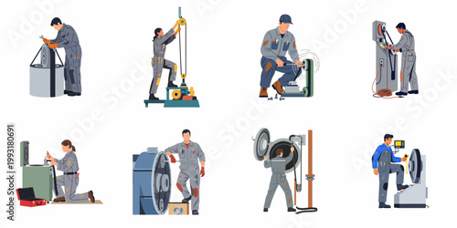 Set of industrial workers and mechanics operating and repairing heavy machinery in factory or workshop settings, isolated on white background.