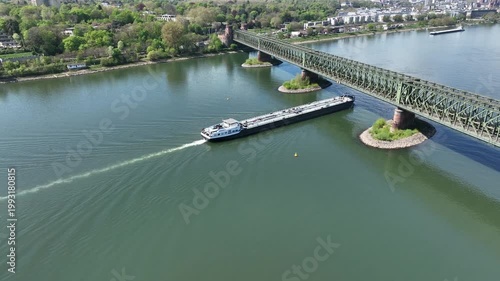 Industrial ship on River Rhine - aerial view