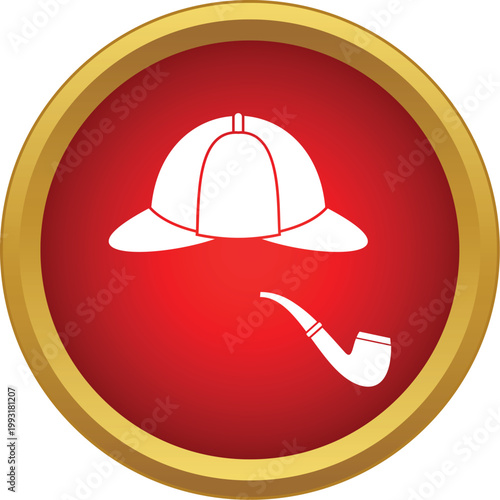 White outline of a detective hat and smoking pipe on a red round button