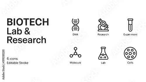 Biotechnology and Science Research Icon Set, Minimal Vector Line Art for Lab Innovation and Genetic Engineering