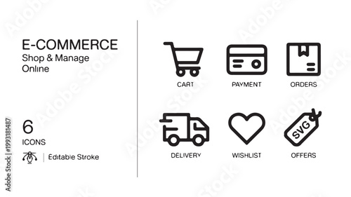 E-commerce Icon Set: Minimalist Black and White Vector Graphics for Online Shopping, Digital Marketing, and Retail Web Design
