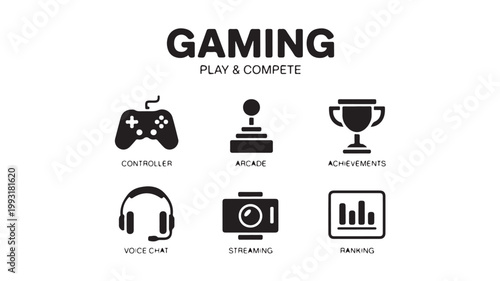 Gaming Icons Set for Esports Competition Video Game Streaming and Arcade Play Concepts