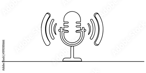 Continuous one line of a podcast icon with sound waves, representing communication media, style hand drawn vector illustration.
